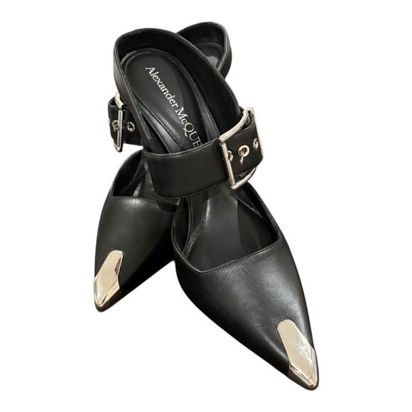 Alexander McQueen Leather Buckle Mule Stiletto Heel Metal Toe MISMATCHED 7.5/7 - Picture 2 of 8
